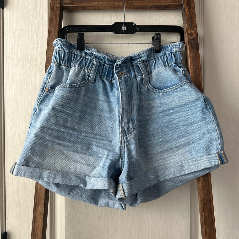KanCan Light Blue High-Waist Paperbag Denim Shorts
